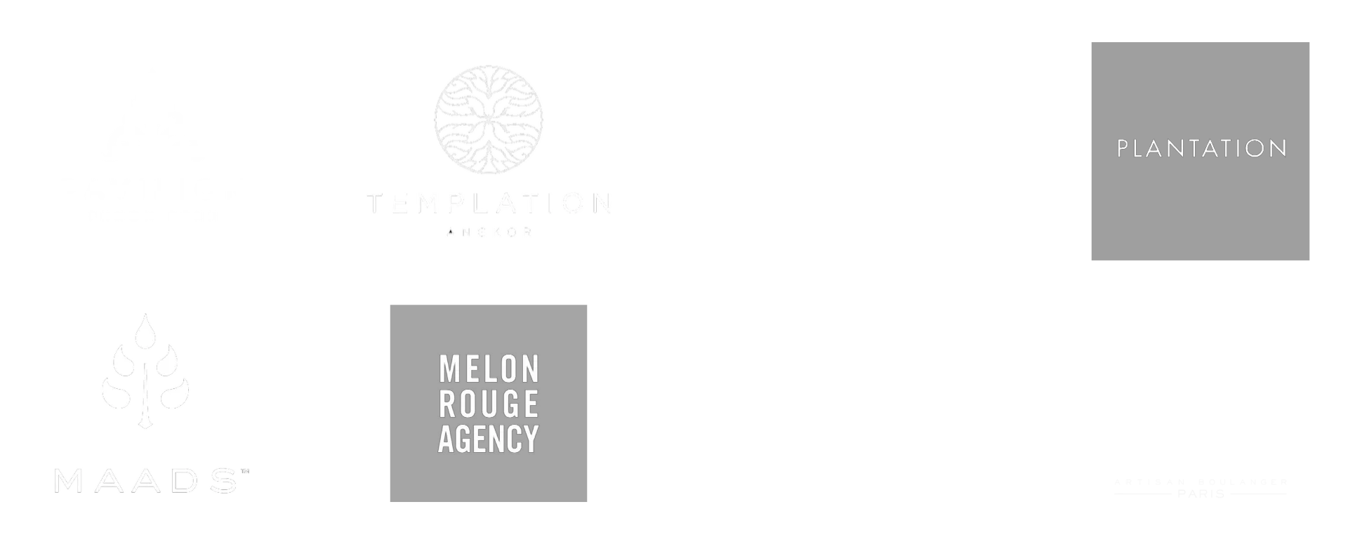 Logos for Pavilion Phnom Penh, Templation Angkor, Penh House Phnom Penh, Plantation, MAADS, Melon Rouge Agency, Miranj, Eric Kayser